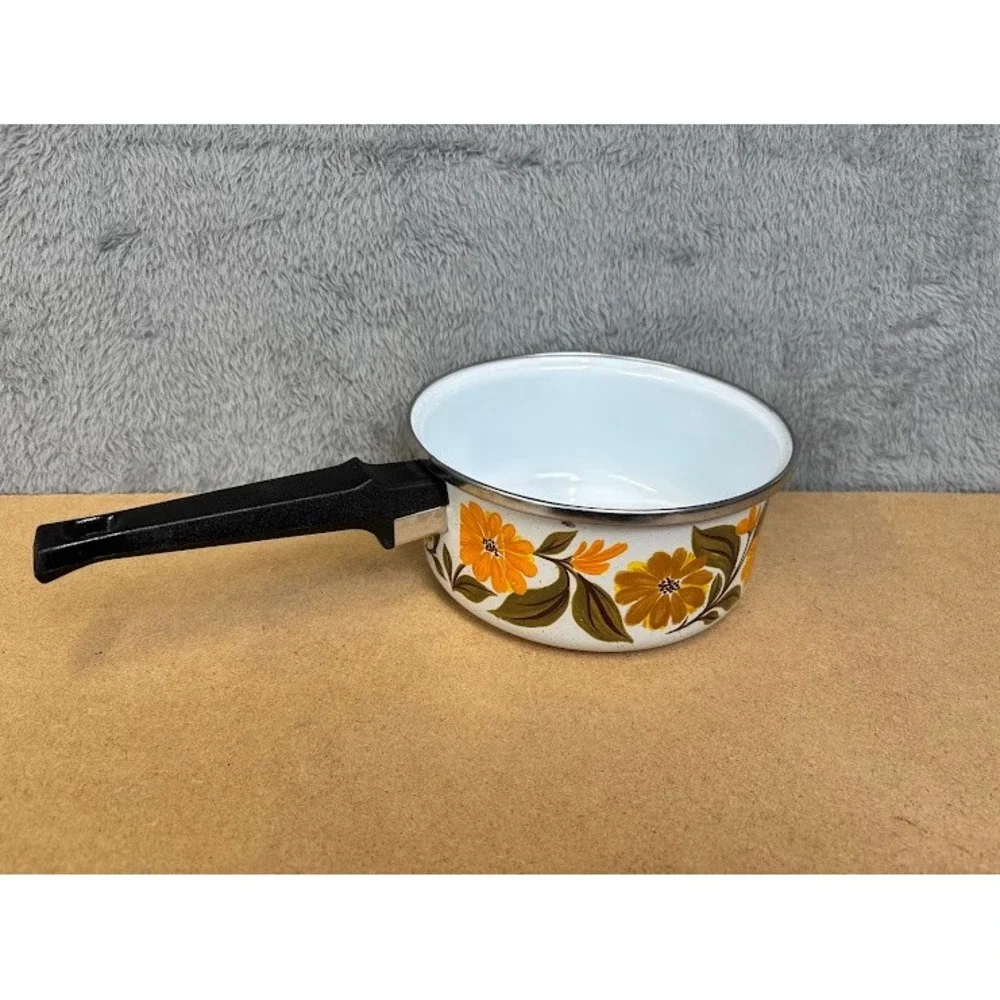 Vintage JMP Capri Spain Enamel Saucepan Yellow Orange Floral Retro 70s MCM‎ Pot